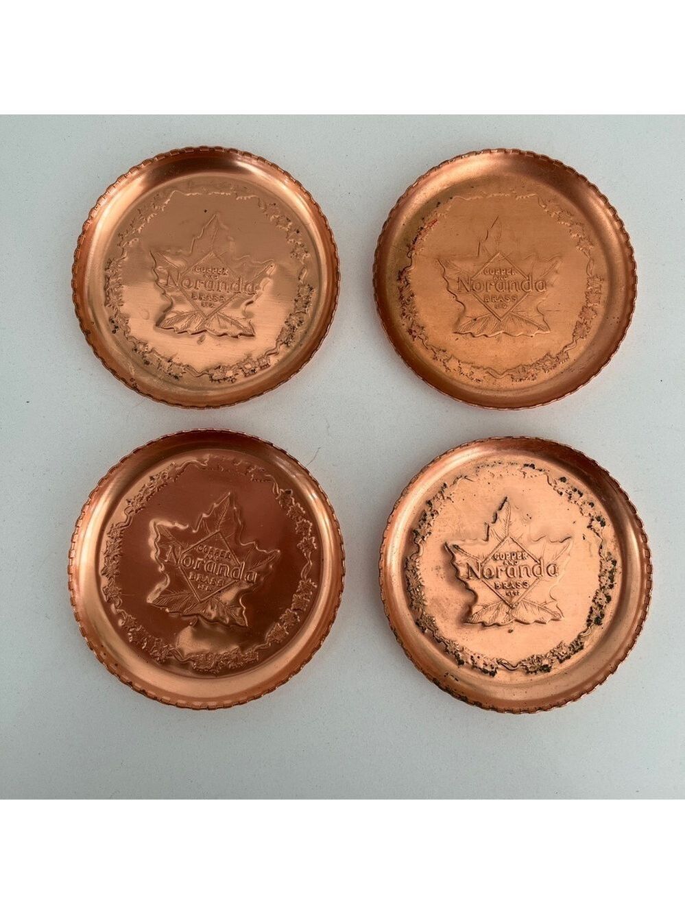 VINTAGE Noranda Copper and Brass Ltd. Maple Leaf Coasters Set of 4 Collectible